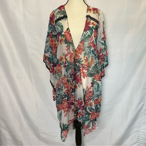 BCBGeneration Women's Sheer Tropical Swim Beach Cover Up Tassel Tie Bell Sleeve - Picture 1 of 9